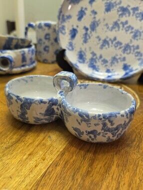 Vintage Bybee Pottery Blue Spongeware Double Condiment Relish Dish Handled Bowl